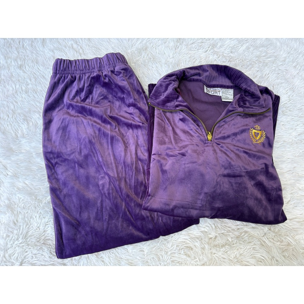 Jaclyn Smith Purple Velour Tracksuit Set Quarter Zip Pullover Pants Medium